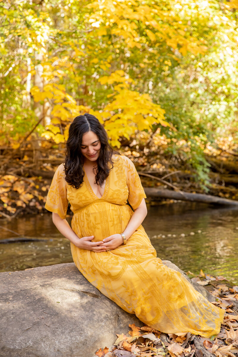 pregnant woman sits on rock on the huron river in beautiful yellow dress in the fall, looking down at her belly while wrapping arms around pregnant belly
