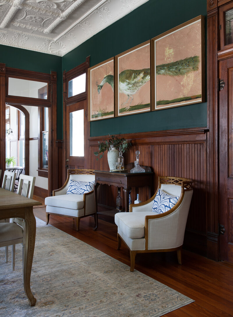 Historical Home with ceiling panel and wood wainscot panel dining room