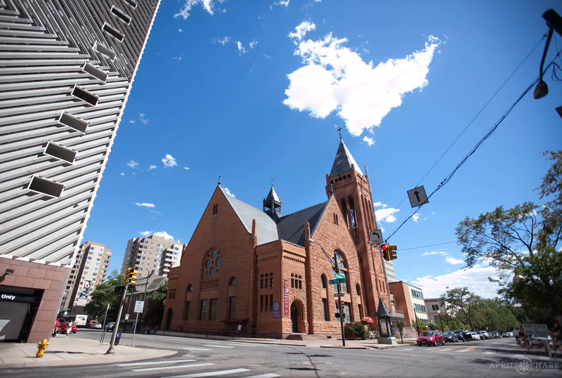 Exterior of Central Presbyterian Church in downtown Denver on a wedding day in September
