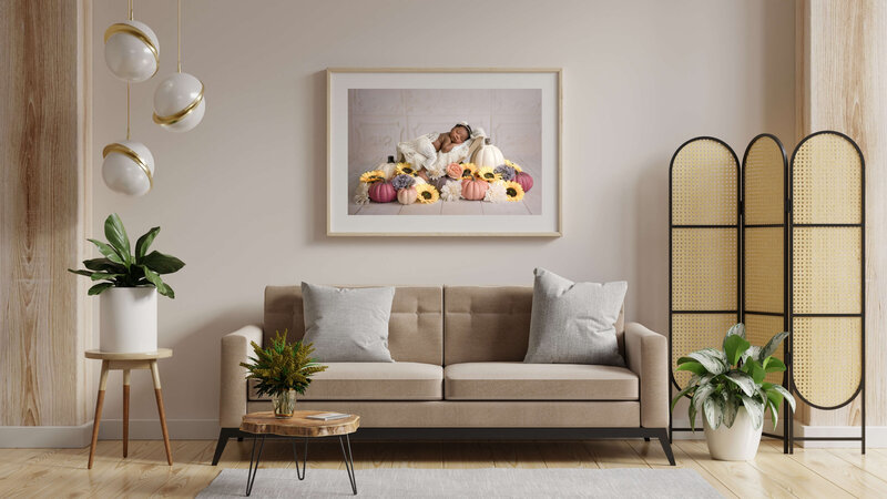 A modern living room with a beige sofa, gray cushions, and green plants. Above the sofa is a framed photo by a Jacksonville newborn photographer of a baby sleeping among sunflowers and pumpkins. Decorative lighting and a folding screen are in the background.