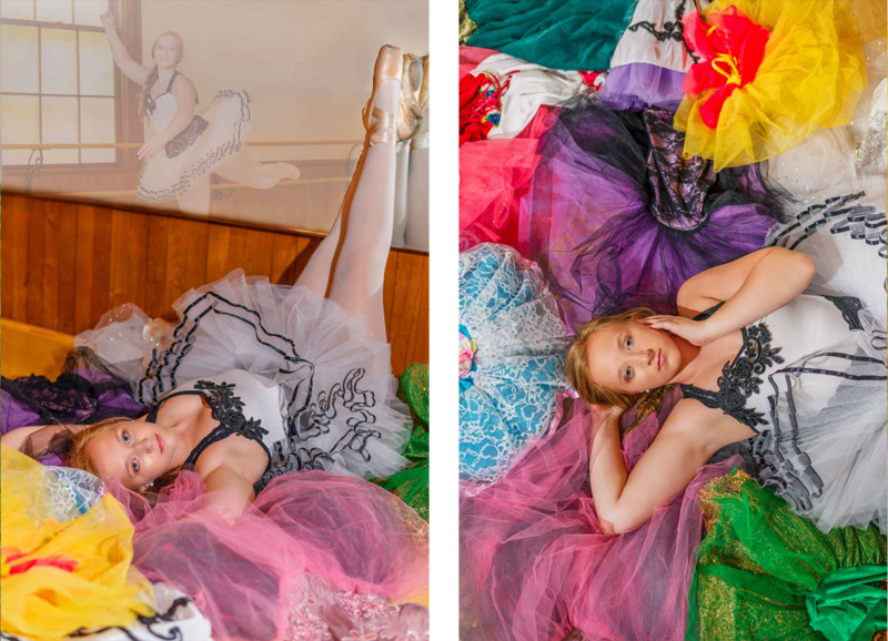 high school senior girl laying down wearing ballet tute and surrounded by dance recital costumes