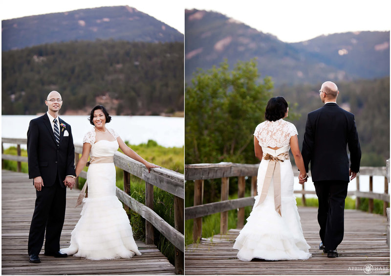 Beautiful wedding portrait of a couple on their wedding day walking on the boardwalk at Evergreen Lake House