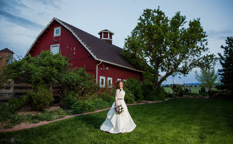 Bride portrait at dusk next to red barn at Chatfield Farms Denver Botanic Gardens