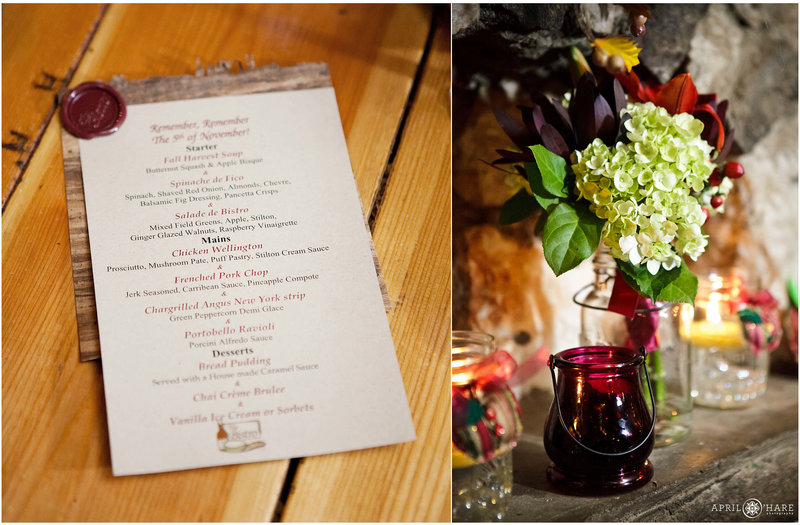 Detail photos of decor and menu from a wedding at the Bistro at Marshdale in Colorado
