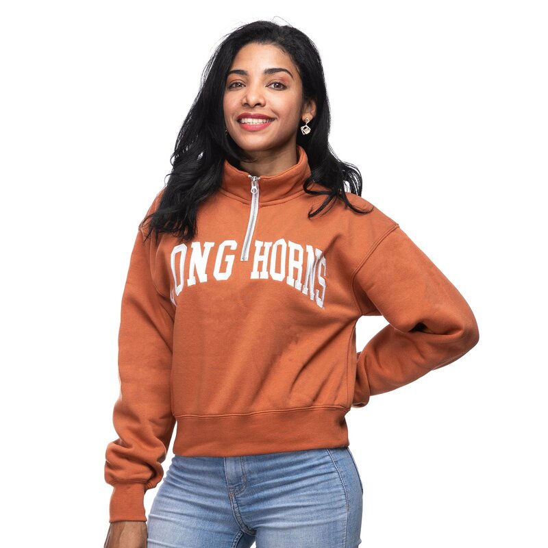 longhorns pullover with college name across chest