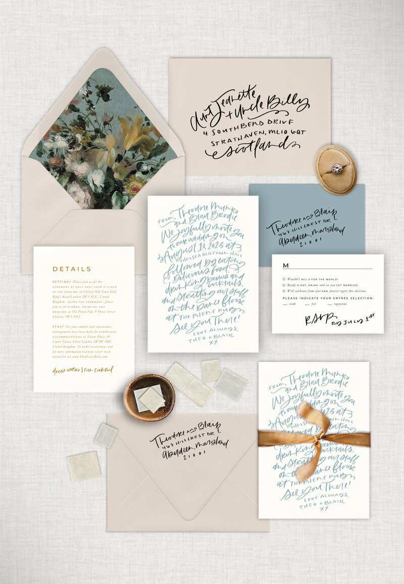 A completely hand lettered calligraphy invitation constructed as a love letter to their guests, digitally printed on Pearl White heavyweight cardstock, mist colored mailing envelope, a pop of Dusty Blue for the rsvp envelope, a unique mix of fonts, contrasting warm and cool colors, vintage piece of artwork as an envelope liner, and finished with a silk velvet mustard colored tie closure.
