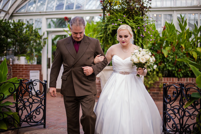 Bride escorted by her father at Phipps Conservatory wedding