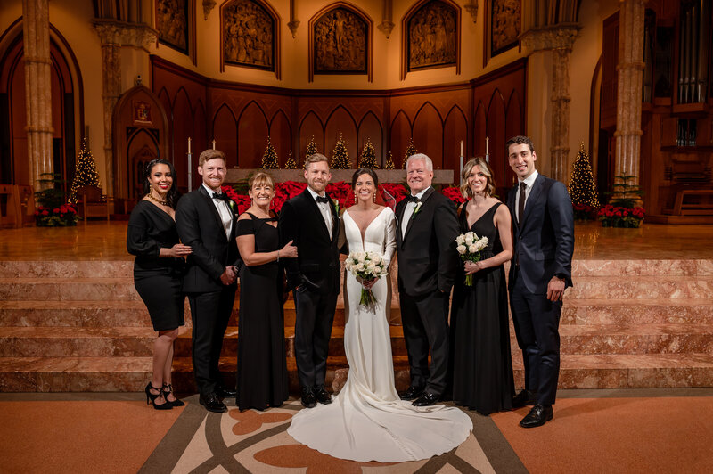 Bride and grooms with their family at a Chicago church
