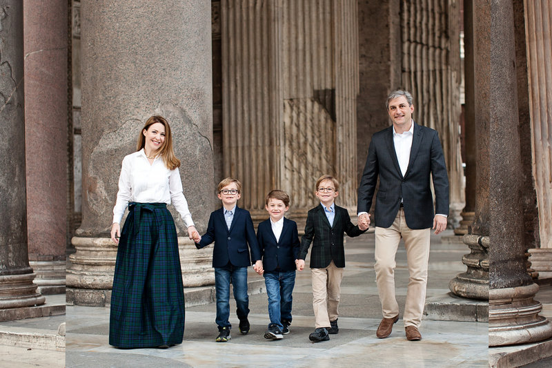 A family with three young boys at the Pantheon.  Taken by Rome Family Photographer, Tricia Anne Photography.