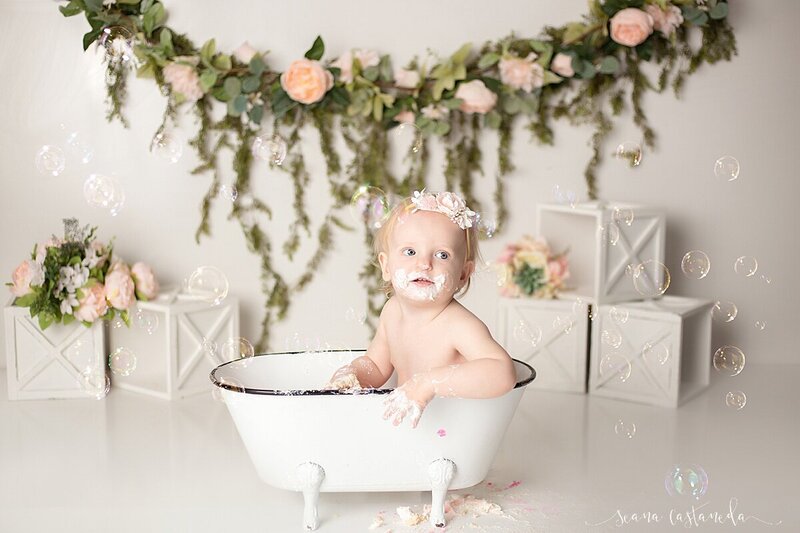baby girl in bath tub with bubbles in Santa Clarita