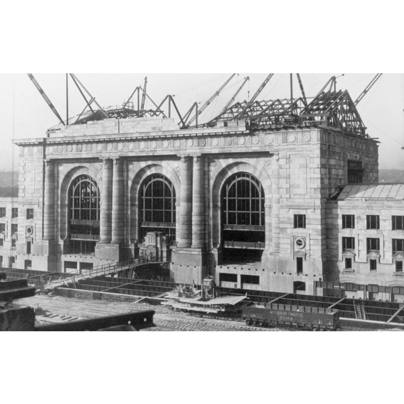 Black and White photo of Union Station being built.