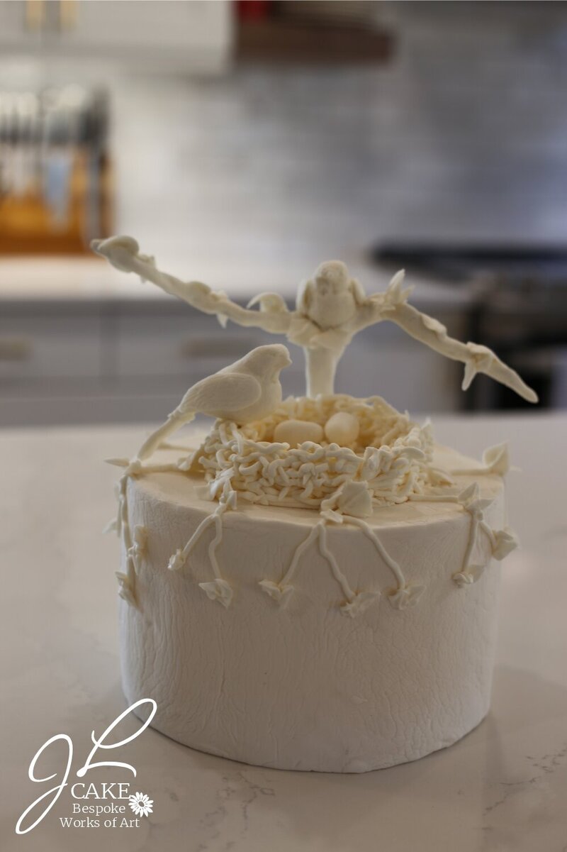 ove birds with a nest and eggs on a  cake
