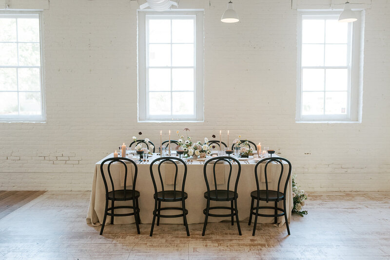 White, tan and black table scape wedding reception Dye House