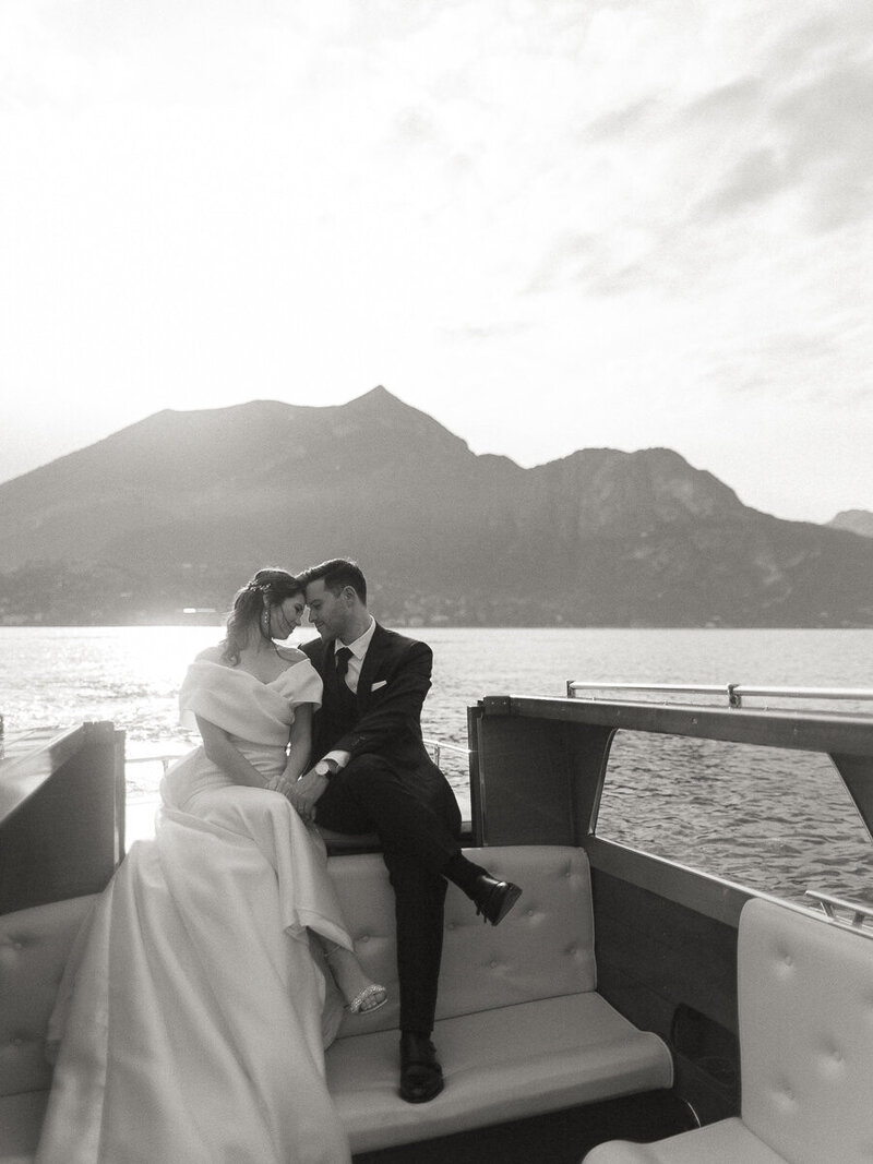 Bride and groom picture on a boat in Lake Como Italy
