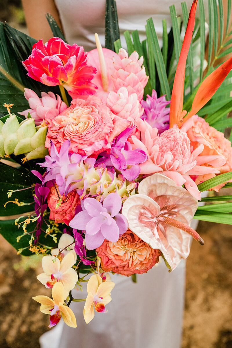 colorful pink, red, and orange tropical bridal bouquet