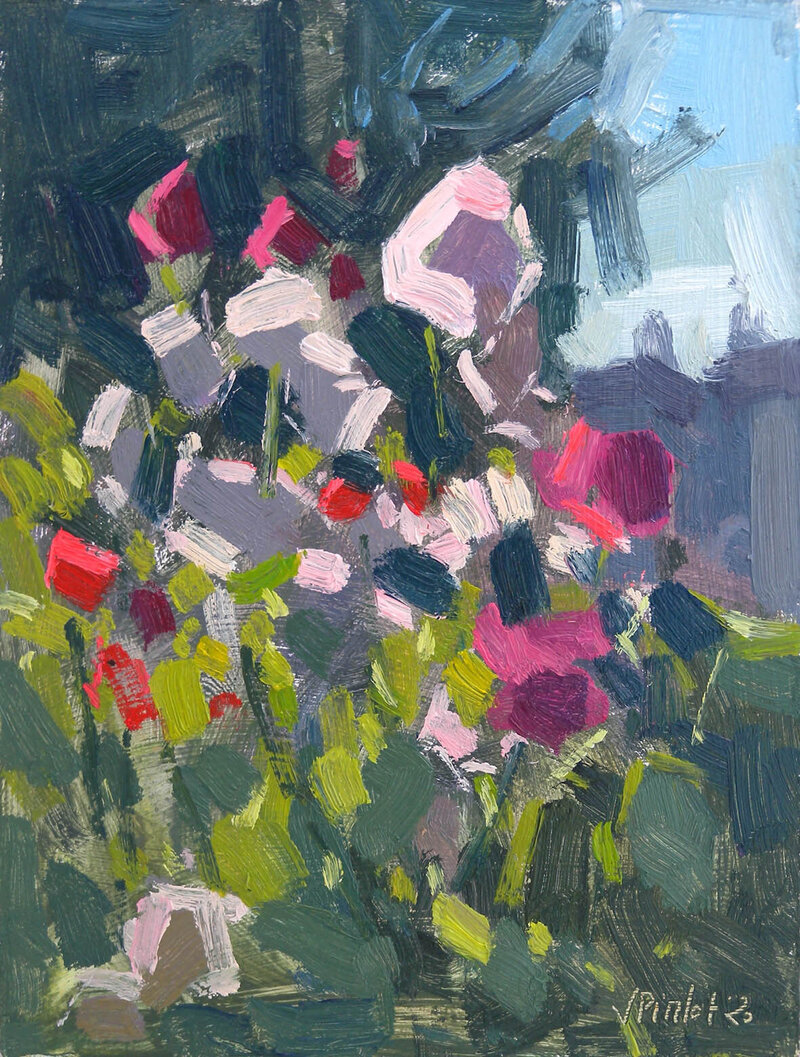 Plein air painting of flowers in an allotment by artist Valérie Pirlot.