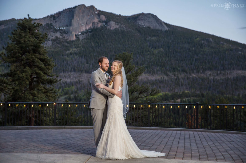 Beautiful wedding portrait at Dusk with mountain backdrop at Della Terra
