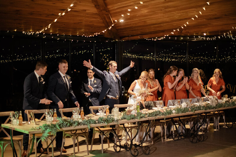 Newly weds together with bridesmaids and groomsmen at wedding reception table