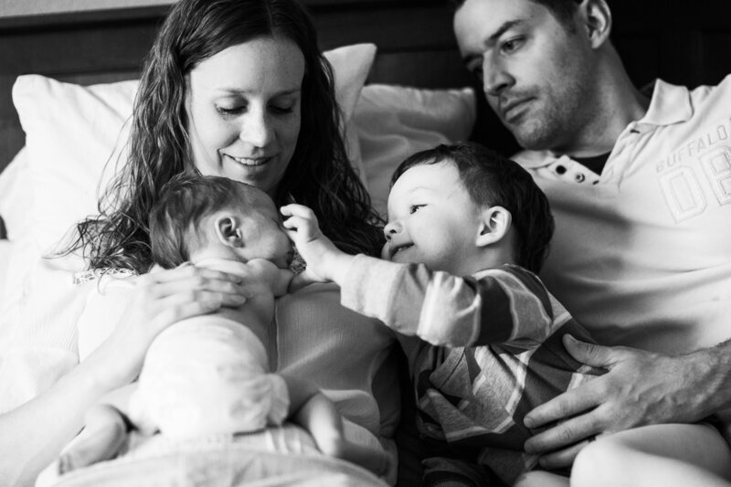 erie colorado family looks at newborn baby during a photoshoot