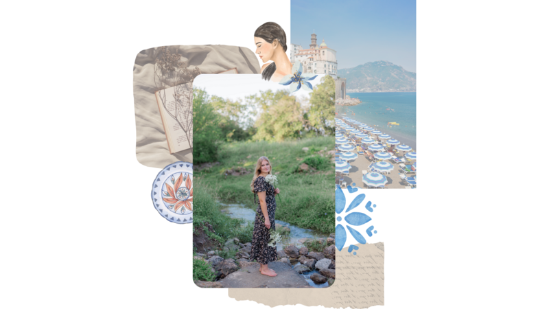 A mediterranean inspired collage surrounds a blonde homeschooled highschool senior girl standing in a creek holding flowers in a black dress
