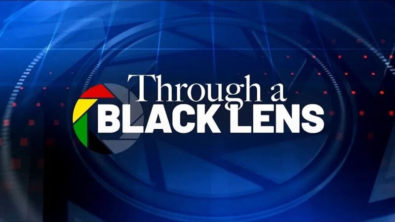 Blue background with text in front saying "Through a Black Lens"