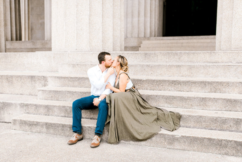 Engaged couple kissing on the steps of the Parthenon in Nashville Tennessee, Lexington Kentucky Wedding Photographer, Katelyn V. Photography