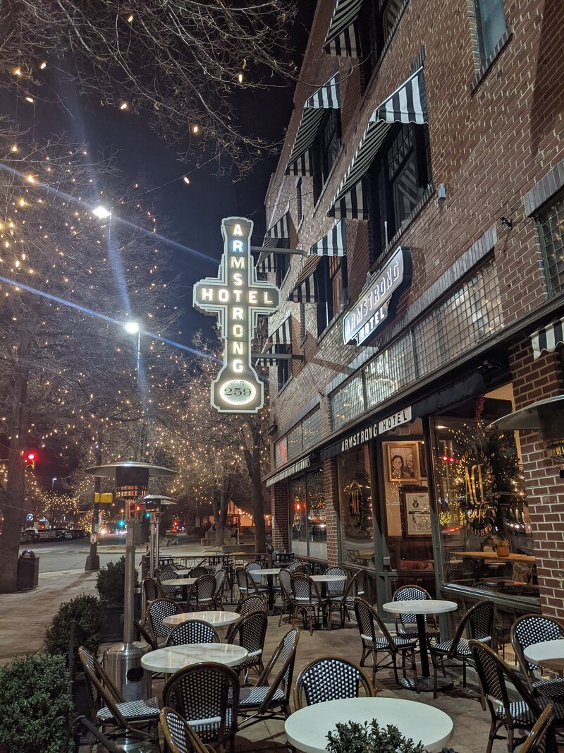 Patio dining in a vibrant city block in Old Town Fort Collins