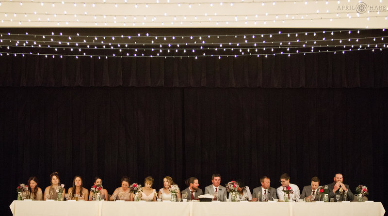 Wedding party sits on the stage at a Silverthorne Pavilion wedding in Colorado