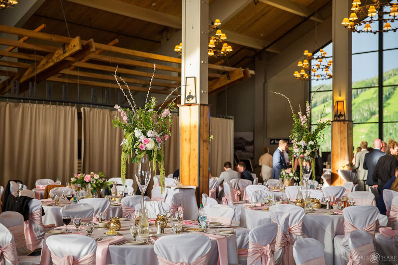 pale pink wedding reception decor inside Champagne Powder Room at Steamboat Springs Ski Resort