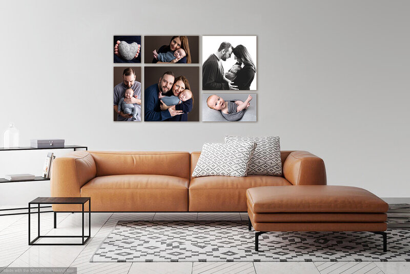 Pittsburgh baby photographer servicing wexford families creating a canvas wall cluster to display over a brown couch