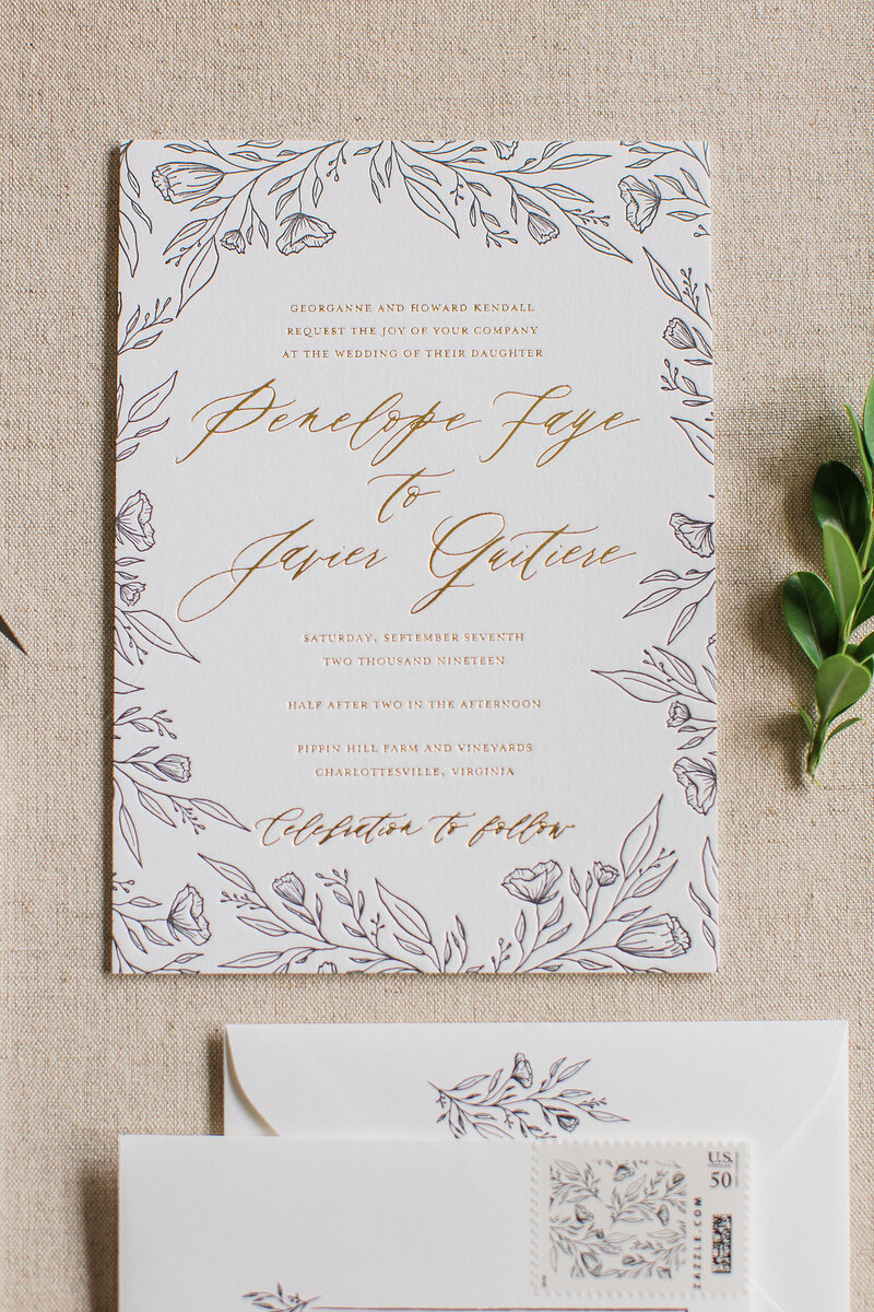 Hand Drawn Wedding Invitations with Pressed Gold Foil and Black Letterpress