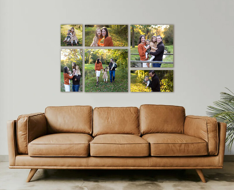 six piece canvas display over a brown couch designed in greensburg studio