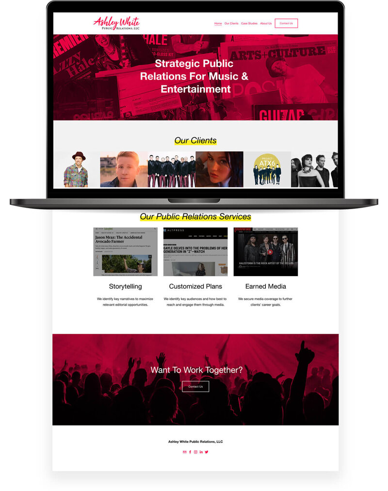Ashley White PR's Custom Website Design Homepage Shown On A Laptop