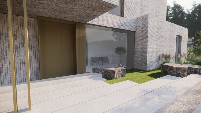 te Halen - Diest Overdekte inkom met zicht op wachtruimte in een strakke nieuwbouw villa met inspringende volumes in beige gevelsteen en bronzen ramen