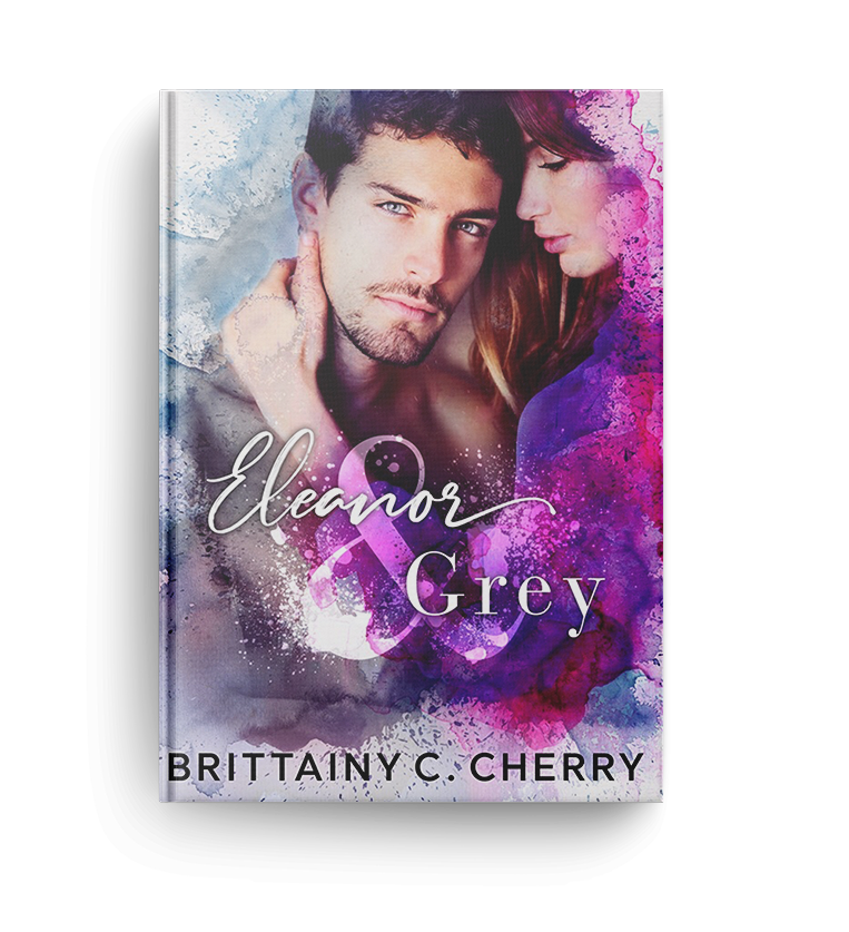 man and woman share tender embrace on the purple book cover of eleanor and grey by romance author brittainy cherry
