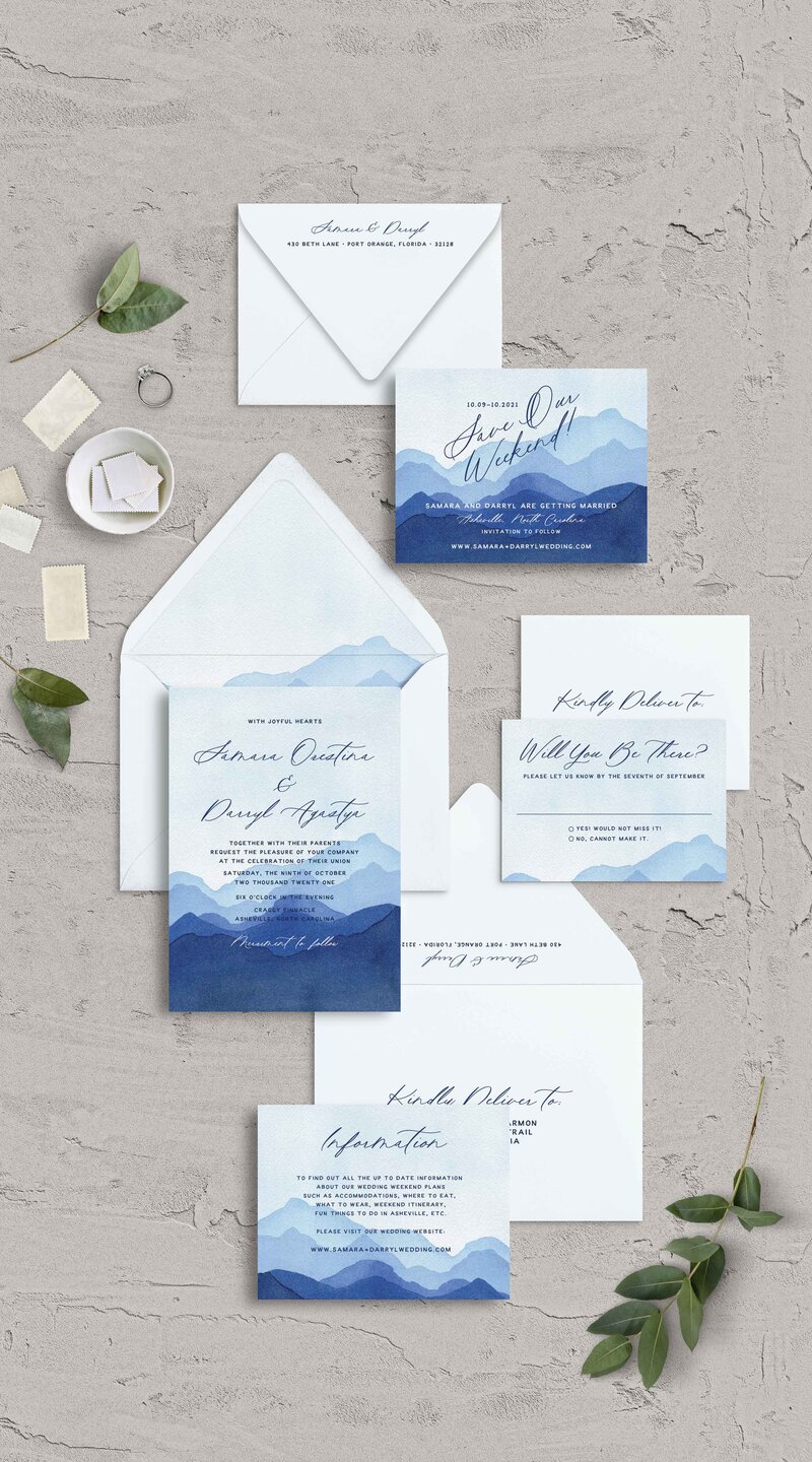 Blue Mountain Themed Wedding Invitation Suite