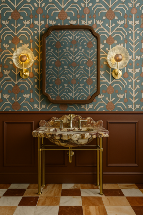 Dana Point interior designer Terri Brien Interiors powder bath remodel. wainscotting, marble console vanity, wallpaper, marble flooring.