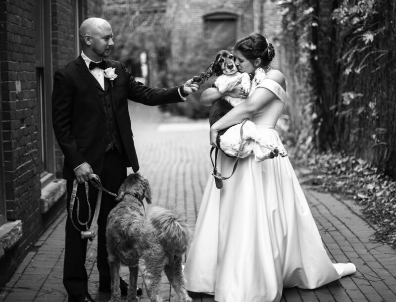 Bride holding one dog in her arms while d=grooms holds other dog on a leash during bridal portraits at Modern Tool Square in Erie PA
