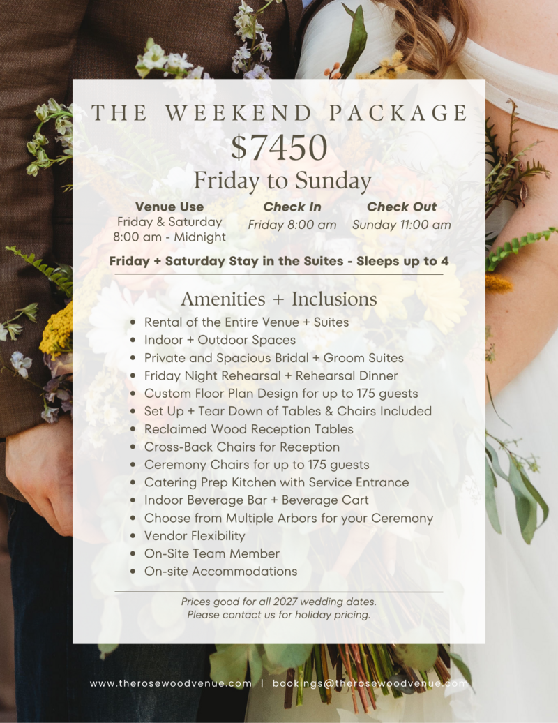 rosewood venue the weekend package wedding prices weddig venues near me mount vernon texas ammenities reception ceremony prices 2026 wedding prices