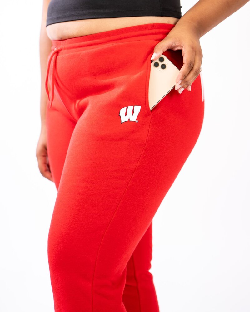 red joggers with wisconsin across butt