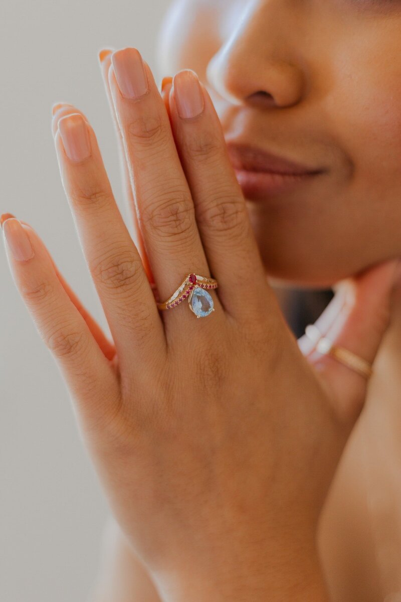 Ruby and aquamarine teardrop ring