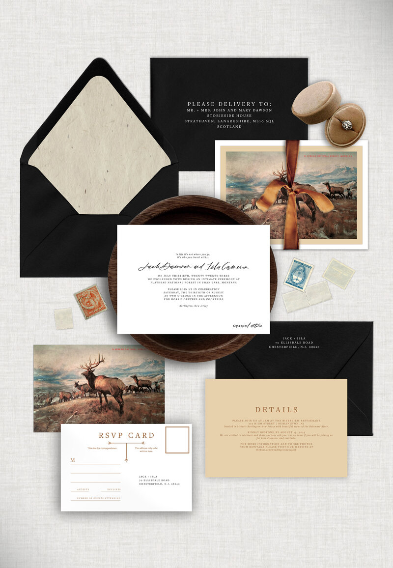 Invitation digitally printed on Snow White heavyweight cardstock, details card is digitally printed on Sand heavyweight cardstock, rsvp card was created to embody a vintage postcard which is printed on heavyweight cardstock to withstand mailing, Ultra Black mailing envelope with a Japanese paper to represent the texture of sand, finished with a silk velvet copper colored tie closure.