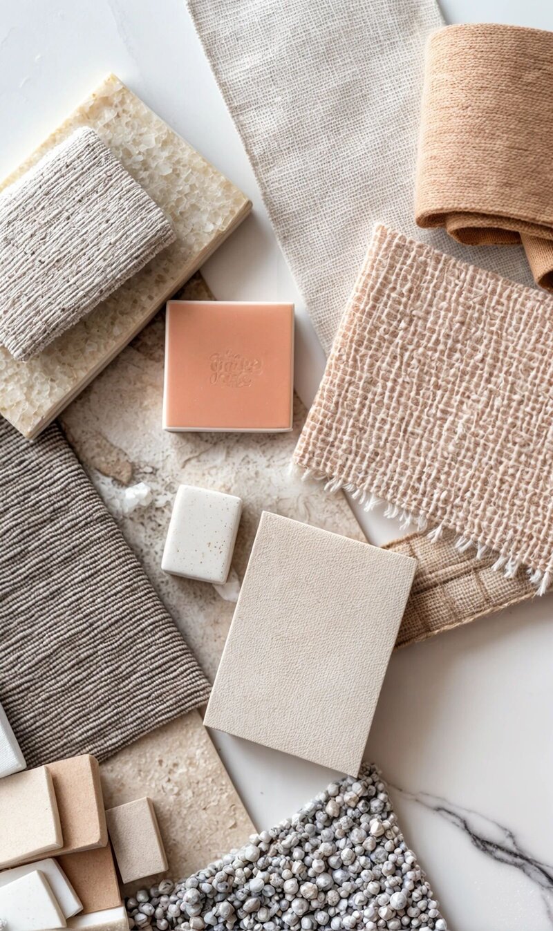 Neutral fabric and material swatches styled for a turnkey interior design project.