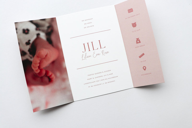 Tweeluik geboortekaartje met foto en icoontjes Jill