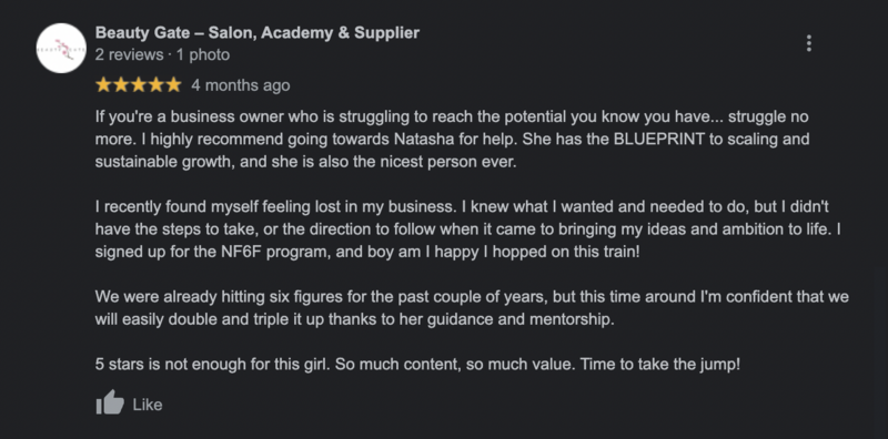 a screenshot of a five star review from one of natasha zoryk's past clients named beauty gate