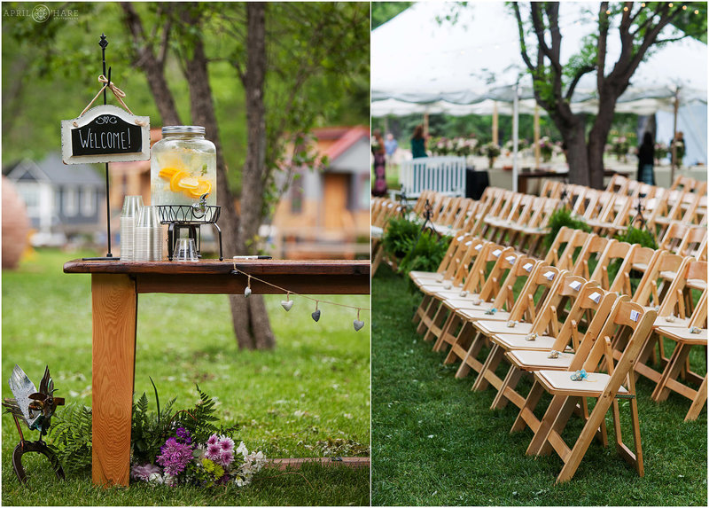 Wedding chairs and welcome table set up for ceremony on the lawn at Riverbend wedding venue in Lyons