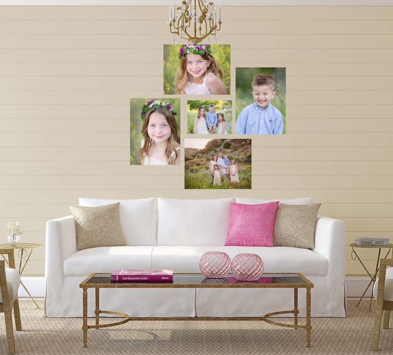 4 wall portraits in a family room of a spring themed photo session