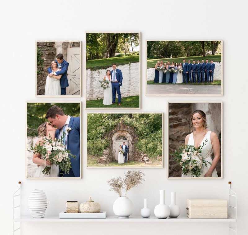 Gallery of wedding day images in frames on a white background