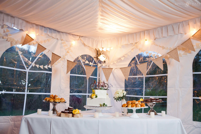 Wedding Cake table with desserts at Wedgewood Weddings Boulder Creek