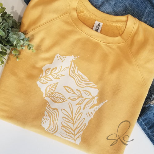 Yellow sweater with custom illustration of Wisconsin